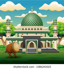 Background of Islamic mosque building with green plants