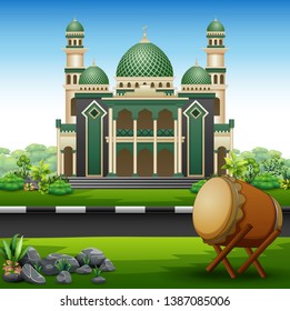 Background of Islamic mosque building with green plants