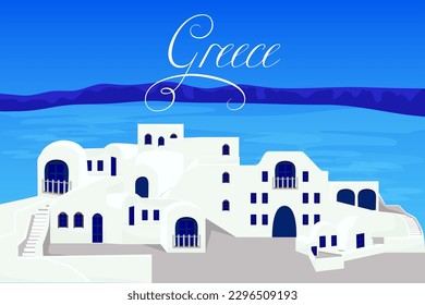 Background with an island in Greece, houses, beach and island, Greece, vector