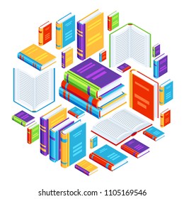 Background with isometric books. Education or bookstore illustration in flat design style.