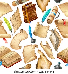 Background isometric books of magic spells and witchcraft, royal scrolls and parchments, old sheets of paper for computer game. Fairy tale icon in cartoon style. Isolated 3d vector illustration.