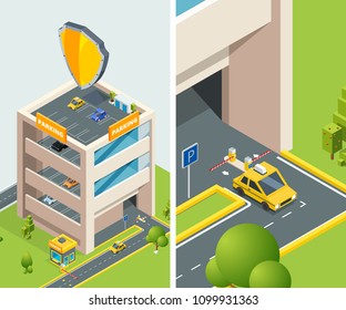 Background isometric illustration of multi level parking with various cars. Vector building for parking automobile in city