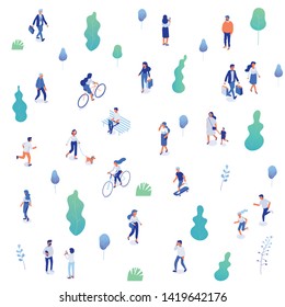 Background isometric people characters. Outdoor activity. Park, nature. People walking, running,riding bicycle.
Isometric vector characters isolated on white.