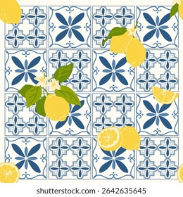 Background with Italian geometric azulejo tiles and lemons, traditional blue geometric background texture. Mosaic print with hand-drawn lemons. Vector illustration