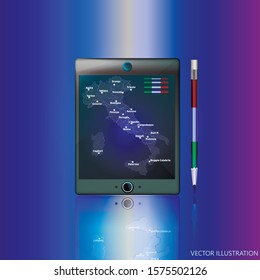 Background with Italy map and flag on the tablet. Presentation background. Bright vector illustration with tablet and pencil.