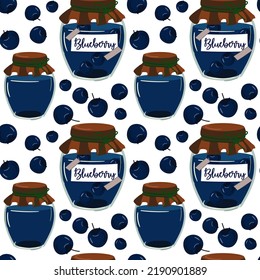 Background jam from blueberries, jars, jams, rolls. Used in textile illustration, kitchen illustration, gift wrapping. Background, pattern, seamless.
