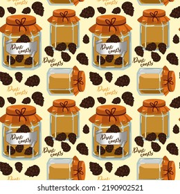 Mermelada de fondo hecha de conos de pino, tarros, mermeladas, puestas de sol. Utilizado en ilustración textil, ilustración de cocina, envoltura de regalo. Fondo, patrón, sin fisuras.