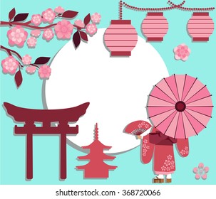 Background with Japanese characters on the theme of hanami with frame for text