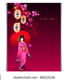 Background with Japanese geisha and lanterns hanging from Sakura tree.