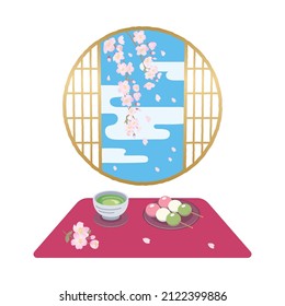 Background of Japanese-style round window where you can see Japanese sweets, tea and cherry blossoms.