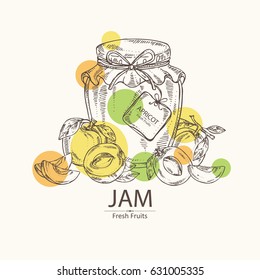 Background with jar of jam with apricot and apricot slice. Hand drawn