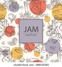 Background with jar of jam with cherry, strawberry, jam with blueberries and apricot. Vector hand drawn illustration