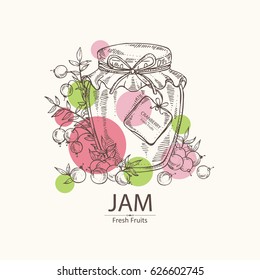 Background with jar of jam with cranberry. Hand drawn.