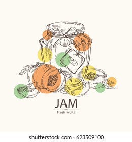 Background with jar of jam with peach and peach slice. Hand drawn