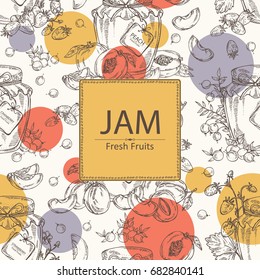 Background with jar of jam with plum, cranberry, jam with peach and strawberry. Vector hand drawn illustration