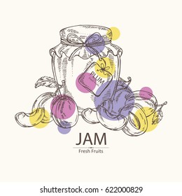 Background with jar of jam with plum. Hand drawn