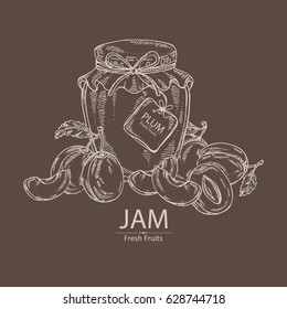 Background with jar of jam with plum. Hand drawn