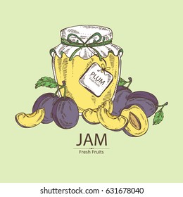 Background with jar of jam with plum. Hand drawn