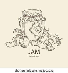 Background with jar of jam with plum. Hand drawn