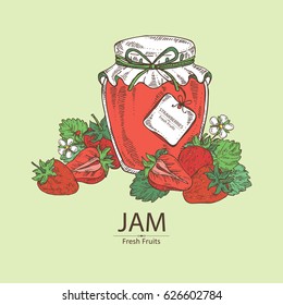 Background with jar of jam with strawberry. Hand drawn.