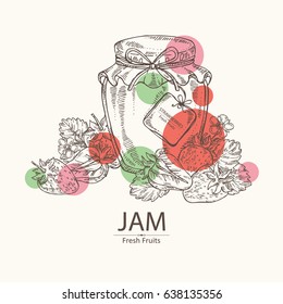 Background with jar of jam with strawberry. Hand drawn.