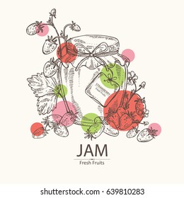 Background with jar of jam with strawberry. Hand drawn