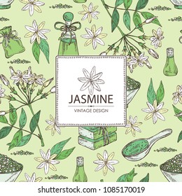 Background with jasmine flower and leaves, jasmine essential oil, soap and bath salt . Cosmetic, perfumery and medical plant. Vector hand drawn illustration. 