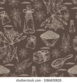 Background with jasmine flower and leaves, jasmine essential oil, soap and bath salt . Cosmetic, perfumery and medical plant. Vector hand drawn illustration. 