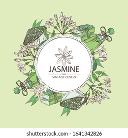 Fondo con flor y hojas de jazmín, aceite esencial de jazmín, jabón y sal de baño. Planta cosmética, perfumería y médica. Vector dibujado a mano ilustración. 