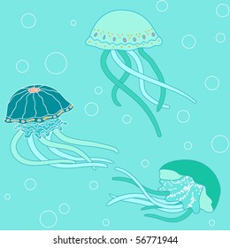 Background with jellyfish, vector pattern, sea colors