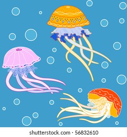 Background with jellyfish, vector pattern, sea colors