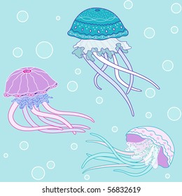 Background with jellyfish, vector pattern, sea colors