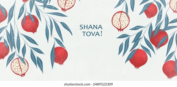 Background for Jewish holiday Rosh Hashanah with pomegranate fruits on branches. Vector illustration in modern style with Jewish holiday of New Year, Rosh Hashana for greeting card, cover.