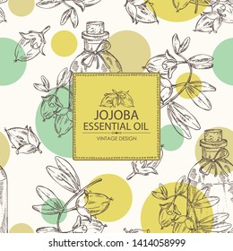 Background with jojoba nuts and bottle of essential oil. Cosmetic, perfumery and medical plant. Vector hand drawn
