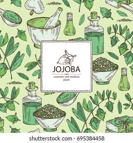 Background with jojoba nuts,branch of jojoba and fruit, essential oil, soap, bath salt and mortar and pestle. Cosmetic, perfumery and medical plant