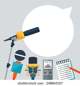 Background with journalism icons. Mass media and press conference concept symbols in flat style.