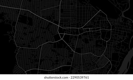 Background Juba map, South Sudan, black city poster. Vector map with roads and water. Widescreen proportion, digital flat design roadmap.