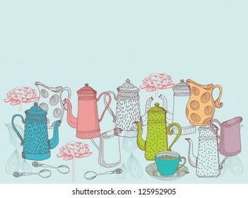 Background with jugs, cups and spoons, vector