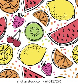 Background With Juicy Fruits. Fruit Seamless Pattern. Vector Illustration