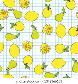 Background with juicy fruits. Seamless fruit pattern with colorful design. Vector illustration