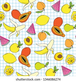 Background with juicy fruits. Seamless fruit pattern with colorful design. Vector illustration