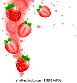 background of juicy strawberries and splashing juice on a white background