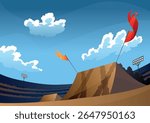 Background for jumping monster truck show. Burning springboards for car with large tires, rally 4x4 computer or mobile game. Vector cartoon illustration