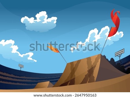 Background for jumping monster truck show. Burning springboards for car with large tires, rally 4x4 computer or mobile game. Vector cartoon illustration