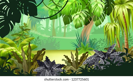 Background jungle with palm trees and lianas. Landscape with tropical exotic plants. Vector illustration. - Shutterstock ID 1237725601
