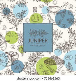 Background with juniper, berries juniper, essential oil, soap, bath salt and mortar and pestle. Cosmetic, perfumery and medical plant. Vector hand drawn illustration. 