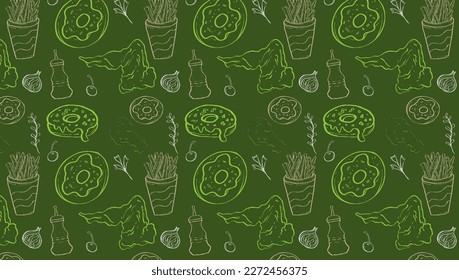 Background Junk Food Related Seamless Pattern. Editable Stroke Fast Food Line Art of hamburger, pizza, hot dog, beverage, cheeseburger. Restaurant menu background, tasty unhealthy lunch.