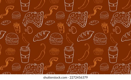 Background Junk Food Related Seamless Pattern. Editable Stroke Fast Food Line Art of hamburger, pizza, hot dog, beverage, cheeseburger. Restaurant menu background, tasty unhealthy lunch.