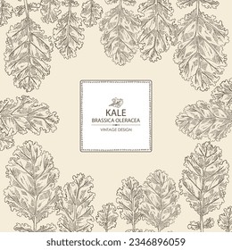 Fondo con kale: planta de kale y hojas de kale. Brassica oleracea. Ilustración dibujada a mano por vectores. 