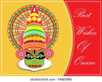 background with kathkali dancer facepattern greeting for onam